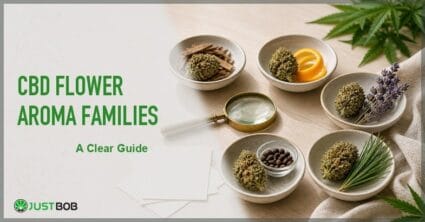 Justbob featured banner for CBD Flower Aroma Families: 5 dishes of buds with bark, citrus, lavender, peppercorn and rosemary on wood desk