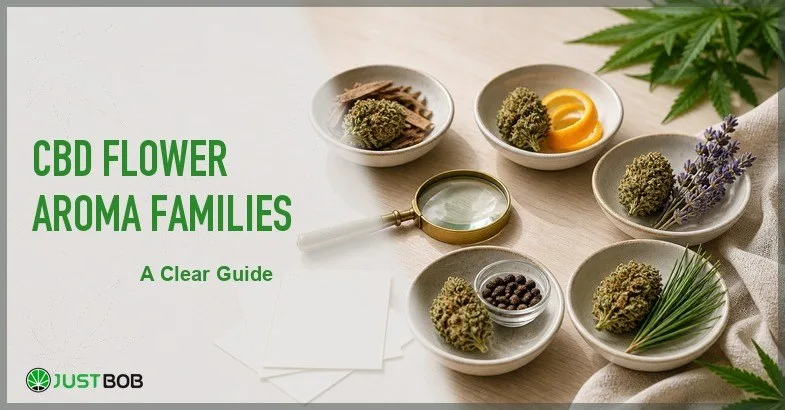 cbd-flower-aroma-families Justbob featured banner for CBD Flower Aroma Families: 5 dishes of buds with bark, citrus, lavender, peppercorn and rosemary on wood desk