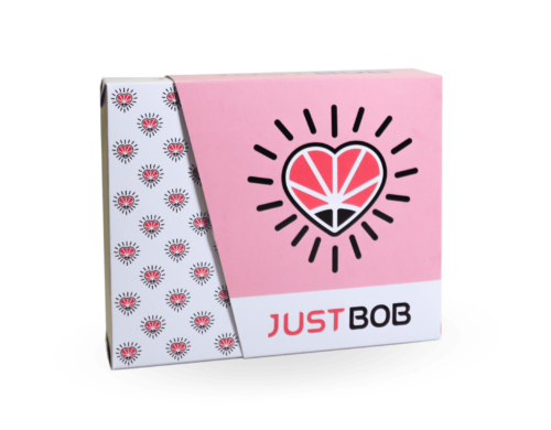Pink packaging for the JustBob Valentine's Day kit with light cannabis.