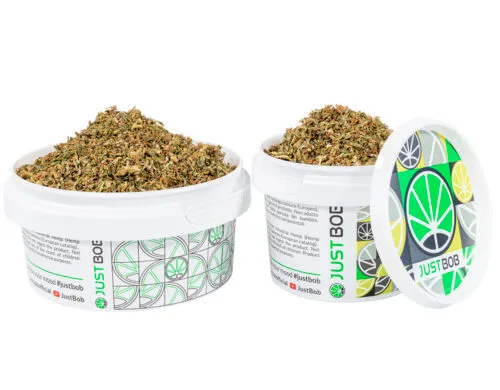 Box with cbd flowers of sieved mix indoor