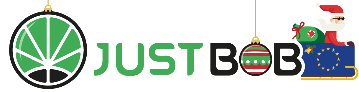 JustBob logo with Christmas decorations and Santa on a dark green background