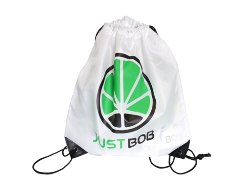 White backpack with green JustBob logo for CBD flowers and CBD weed