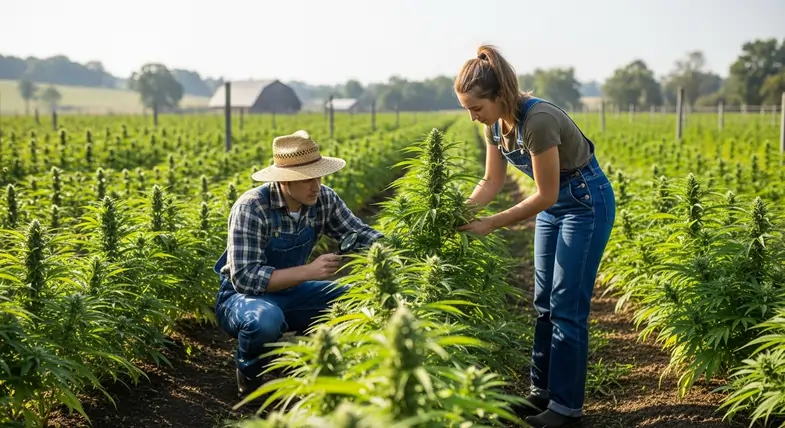 Two young farmers working in a cannabis field | Justbob