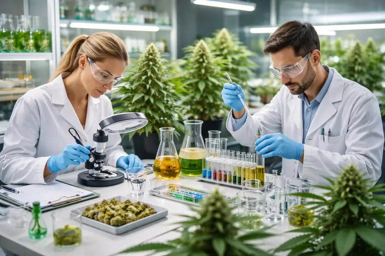 cannabis-lab Scientists work in laboratories and do tests with cannabis and marijuana | Justbob