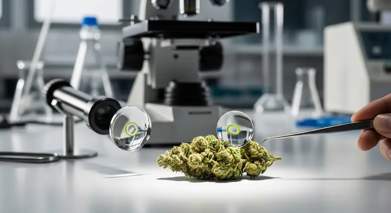Cannabis light flowers analyzed in a laboratory setting with microscope, highlighting quality control and plant chemistry research. | Justbob