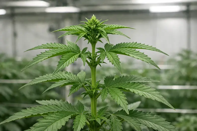 Cannabis plant in vegetative stage before topping, showing natural apical dominance and central main stem structure indoors. | Justbob