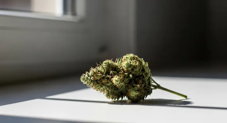 hemp-flower-light Conceptual image of a legal hemp flower exposed to natural light, symbolizing time, light exposure and cannabinoid transformation such as cannabicyclol | Justbob