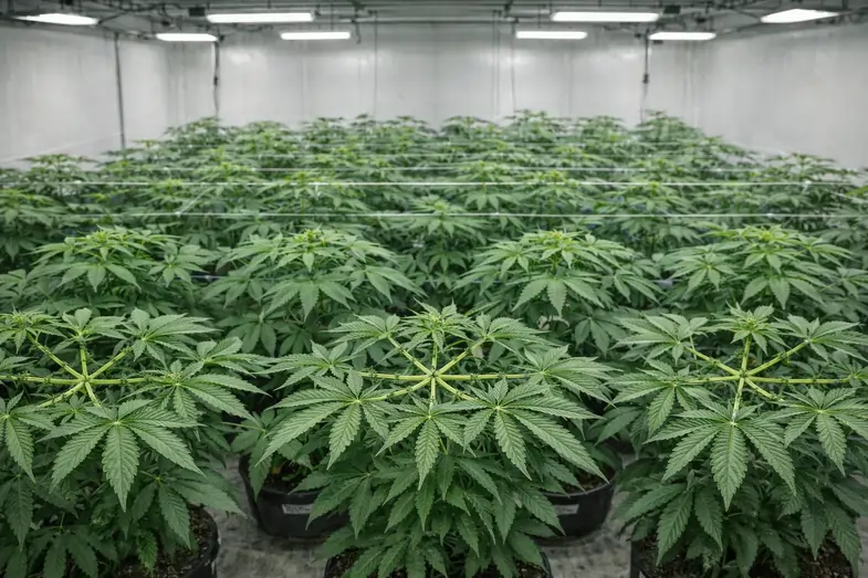 Uniform cannabis canopy in pre-flowering stage created through main-lining training method in indoor grow room. | Justbob