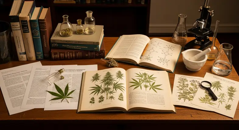 scientific-books Scientific books and research papers on cannabis chemistry, representing historical and academic study of cannabinoids like cannabicyclol | Justbob