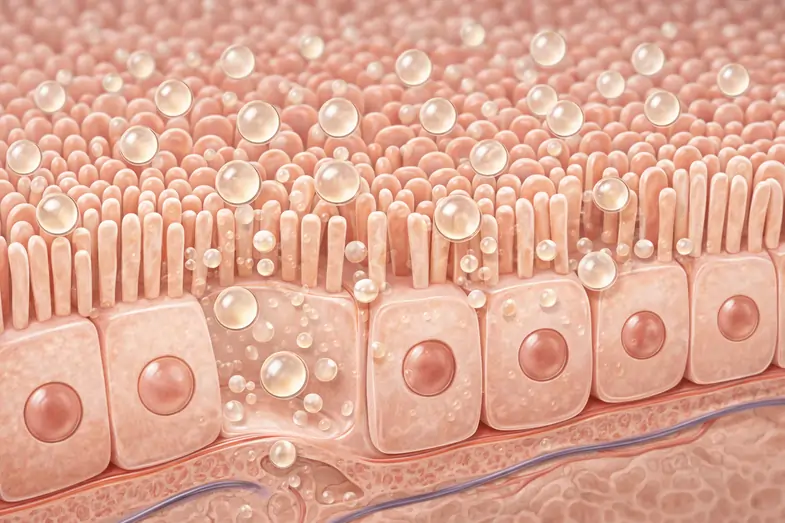 Medical illustration showing nanoemulsified CBD oil particles interacting with intestinal cells during absorption. | Justbob