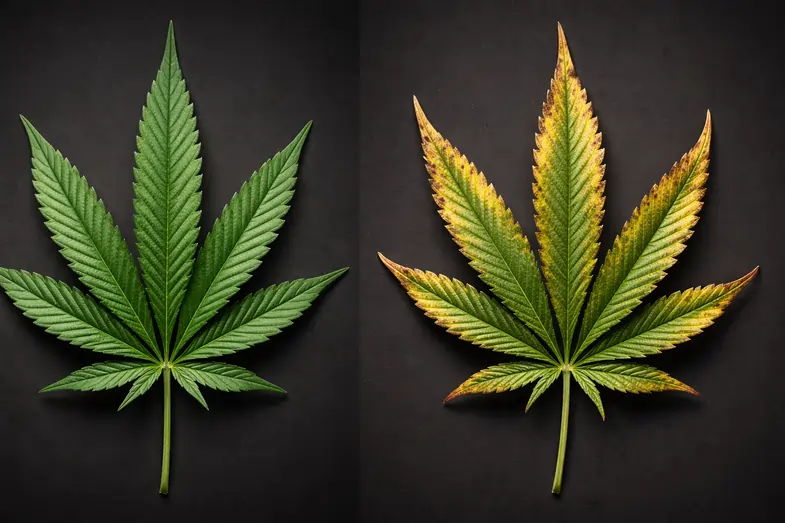 Comparison between a healthy cannabis leaf and a heat-stressed leaf showing yellowing and brown burnt margins | Justbob