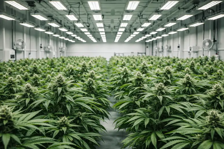 Professional indoor cannabis grow room with LED lights and fans for optimal climate and heat stress prevention | Justbob