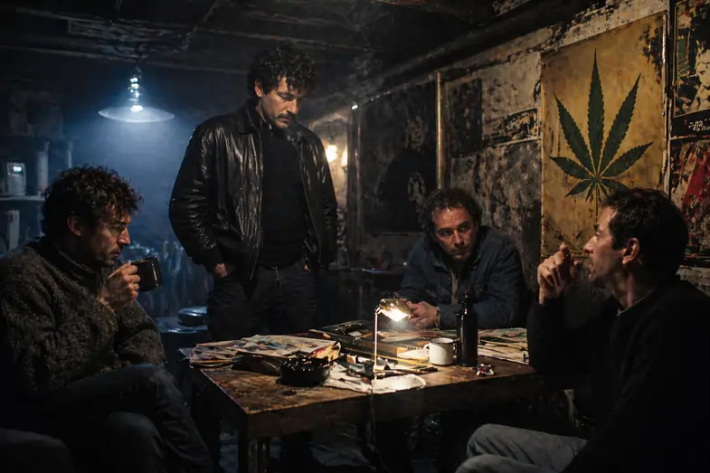 Four guys from the 1980s talking in an underground basement. On the wall, there is a poster of a marijuana plant | Justbob