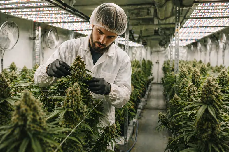An expert botanist working with a Skunk cannabis variant in a modern greenhouse | Justbob