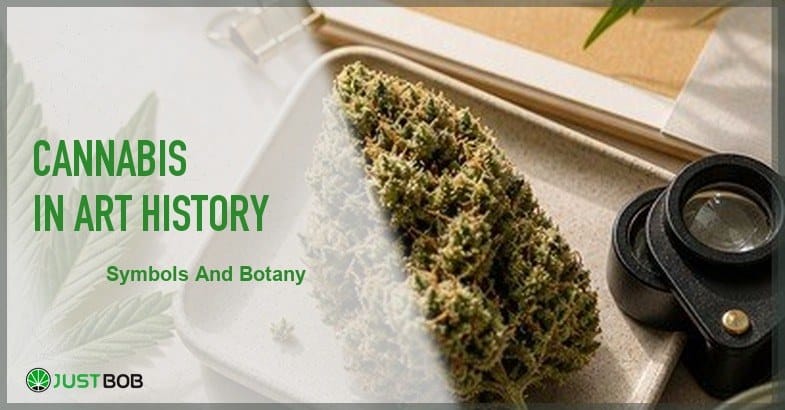Justbob featured banner for Cannabis In Art History: elongated hemp bud on tray, small binocular loupe and glass jar on cream stone