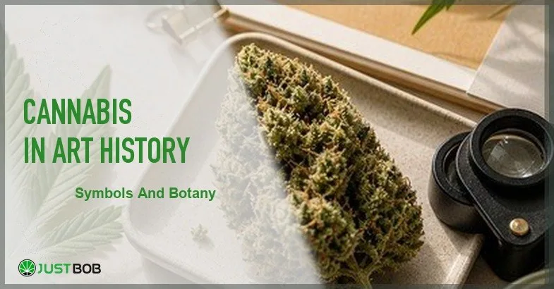 Justbob featured banner for Cannabis In Art History: elongated hemp bud on tray, small binocular loupe and glass jar on cream stone