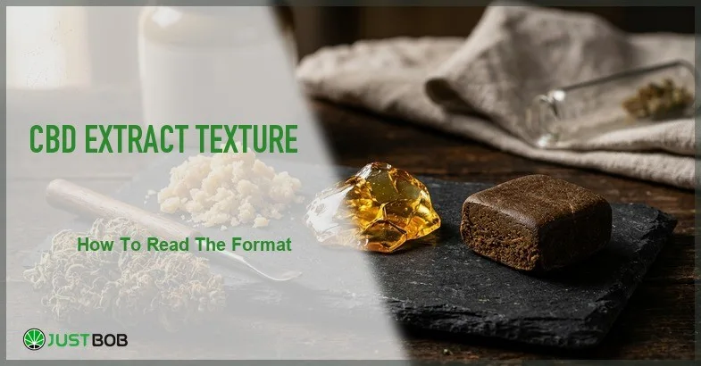Justbob featured banner for CBD Extract Texture: shatter chunk, CBD crystals, hash block and hemp bud still life on dark wood