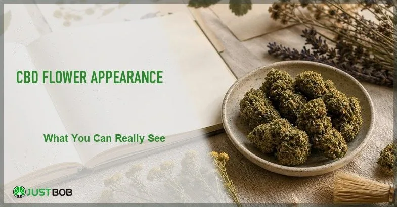 Justbob featured banner for CBD Flower Appearance: What You Can Really See, with green title overlay and hemp editorial background