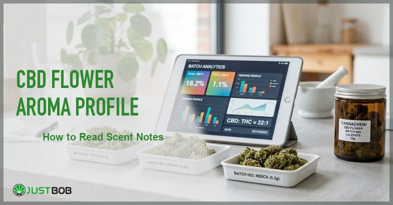 Justbob featured banner for CBD Flower Aroma Profile: How to Read Scent Notes, with green title overlay and hemp editorial background