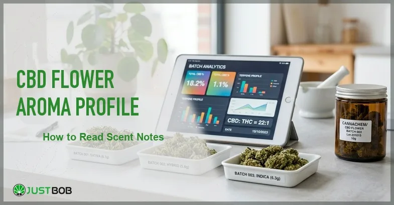 Justbob featured banner for CBD Flower Aroma Profile: How to Read Scent Notes, with green title overlay and hemp editorial background
