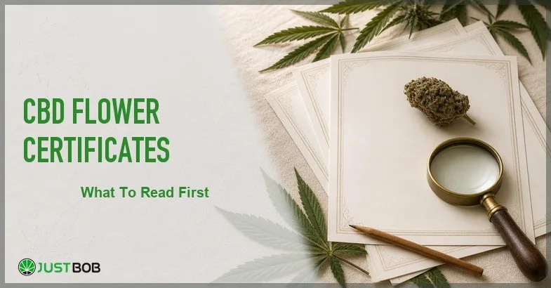cbd-flower-certificates Justbob CBD Flower Certificates banner with green title, stack of blank certificate sheets, hemp bud, brass loupe and pencil