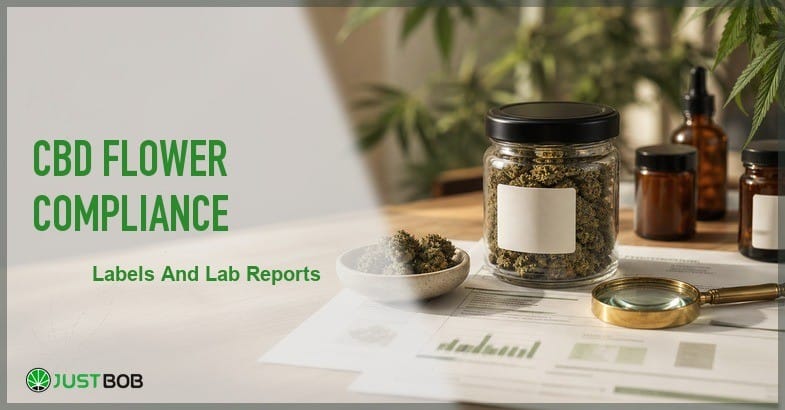 Justbob featured banner for CBD Flower Compliance: sealed jar with blank label, amber bottles, chart documents, brass magnifying glass and cannabis leaves