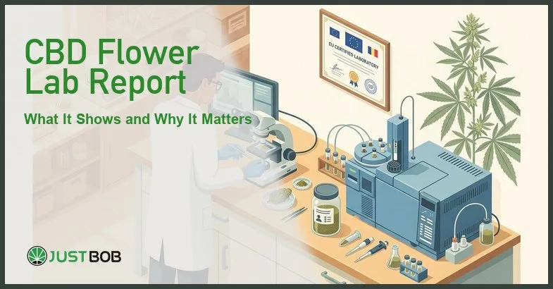 Justbob featured banner for CBD Flower Lab Report: What It Shows and Why It Matters, with green title overlay and hemp editorial background