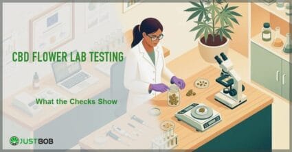 Justbob featured banner for CBD Flower Lab Testing: What the Checks Show, with green title overlay and hemp editorial background