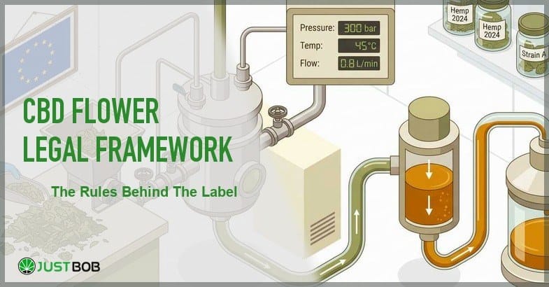 Justbob featured banner for CBD Flower Legal Framework: The Rules Behind The Label, with green title overlay and hemp editorial background