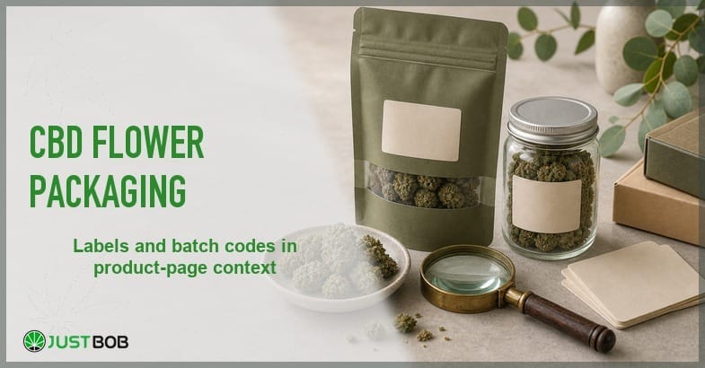 Justbob featured banner for CBD Flower Packaging: kraft pouch, sealed jar, ceramic bowl, kraft box, blank cards and brass magnifying glass on cream desk