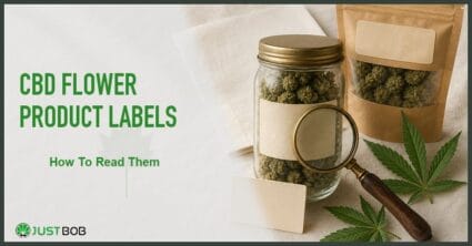 Justbob CBD Flower Product Labels banner with green title, sealed jar, kraft pouch, blank labels and brass loupe