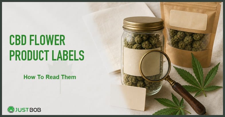 Justbob CBD Flower Product Labels banner with green title, sealed jar, kraft pouch, blank labels and brass loupe