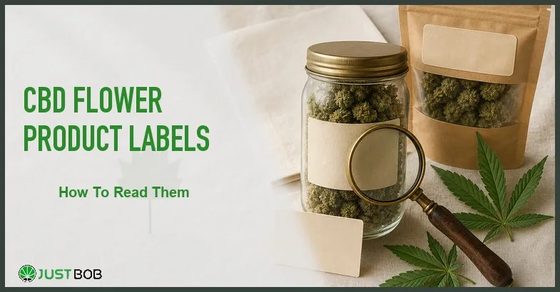 Justbob CBD Flower Product Labels banner with green title, sealed jar, kraft pouch, blank labels and brass loupe