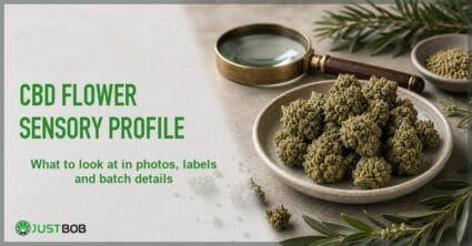 Justbob featured banner for CBD Flower Sensory Profile: hemp flower dish, brass magnifying glass, pine sprig and olive sprig on cream desk