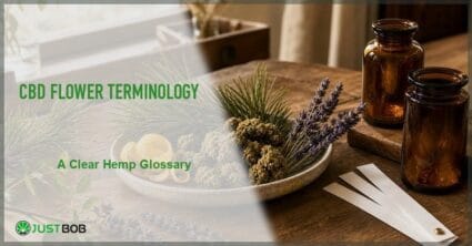 Justbob featured banner for CBD Flower Terminology: A Clear Hemp Glossary, with green title overlay and hemp editorial background