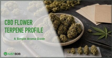 Justbob featured banner for Hemp Flower Aroma Notes: A Clear Scent Vocabulary, with green title overlay and hemp editorial background