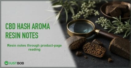 Justbob featured banner for CBD Hash Aroma: pressed hash pieces, brass magnifying glass, eucalyptus and olive sprigs still life on dark slate