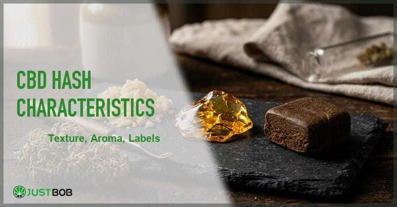 Justbob featured banner for CBD Hash Characteristics: golden CBD extract chunk, dark hash block, white powder pile and dried hemp bud on dark slate