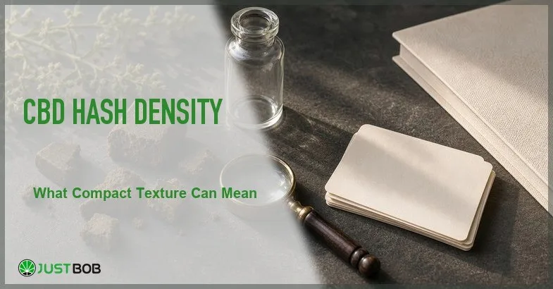 Justbob featured banner for CBD Hash Density: What Compact Texture Can Mean, with green title overlay and hemp editorial background