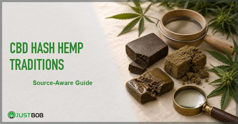 Justbob CBD Hash Hemp Traditions banner with green title, dark hash slabs, golden hash powder, sieve frame and brass loupe