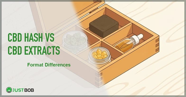 Justbob CBD Hash Vs CBD Extracts banner with green title, pressed hash slabs, brass loupe and extract crystals