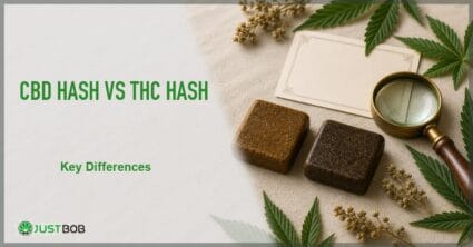 Justbob CBD Hash Vs THC Hash banner with green title, two hash slabs side by side, blank parchment card and brass loupe