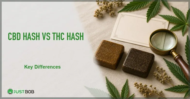cbd-hash-vs-thc-hash Justbob CBD Hash Vs THC Hash banner with green title, two hash slabs side by side, blank parchment card and brass loupe