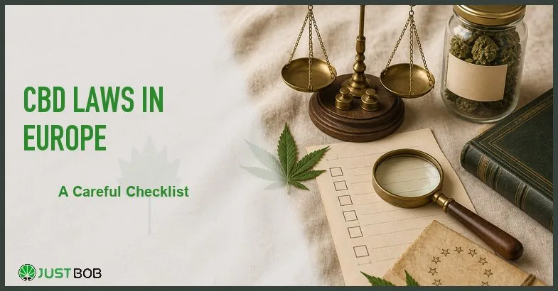 cbd-laws-in-europe Justbob featured banner for CBD Laws In Europe: brass scales, sealed jar with blank label, checklist paper and brass loupe on cream linen