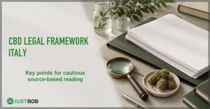 Justbob featured banner for CBD Legal Framework Italy: blank paper stack, hemp flower dish, glass jars with sprigs, book and brass magnifying glass