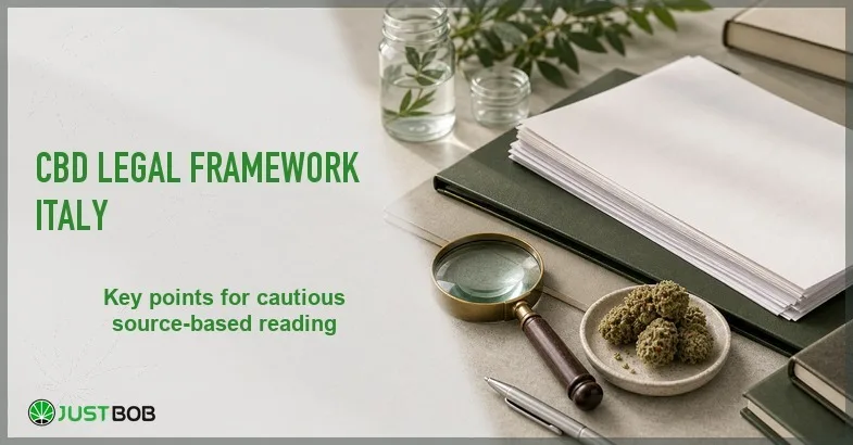 cbd-legal-framework-italy Justbob featured banner for CBD Legal Framework Italy: blank paper stack, hemp flower dish, glass jars with sprigs, book and brass magnifying glass