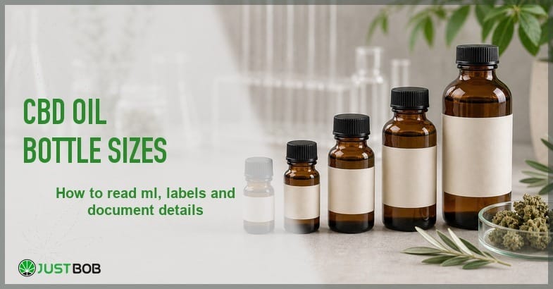 Justbob featured banner for CBD Oil Bottle Sizes: five amber CBD oil bottles by size, petri dish with buds, olive sprig and blank tag on cream desk