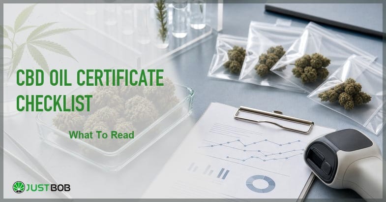 Justbob featured banner for CBD Oil Certificate Checklist: glass dish of hemp buds, ziplock bags, clipboard chart and barcode scanner on lab desk
