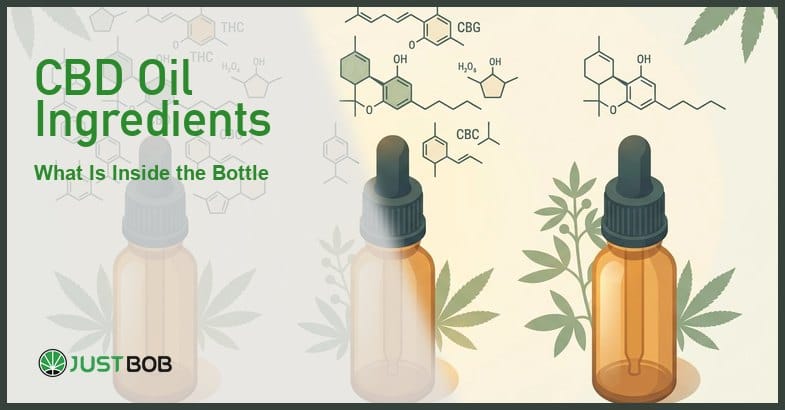 Justbob featured banner for CBD Oil Ingredients: What Is Usually Inside the Bottle, with green title overlay and hemp editorial background