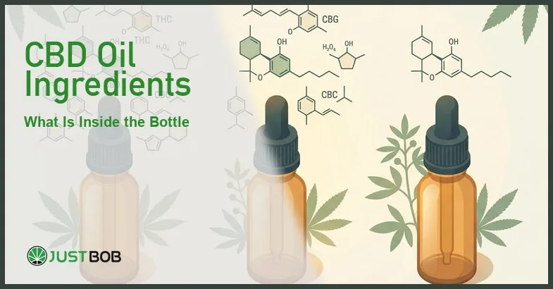 Justbob featured banner for CBD Oil Ingredients: What Is Usually Inside the Bottle, with green title overlay and hemp editorial background